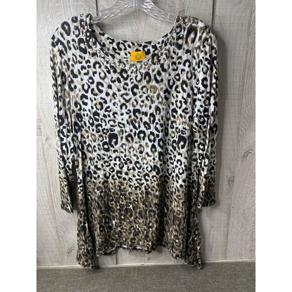 Ruby Rd. Tops - Ruby Rd Leopard Animal Print Tunic Top Studded Neckline 3/4 Sleeves Womens M